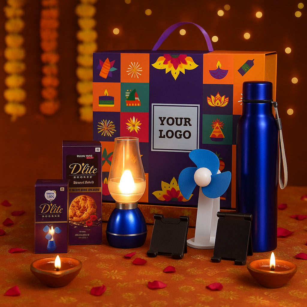 5-piece celebration gift set with stainless steel bottle, LED lamp, cookies, mobile stand, and USB fan