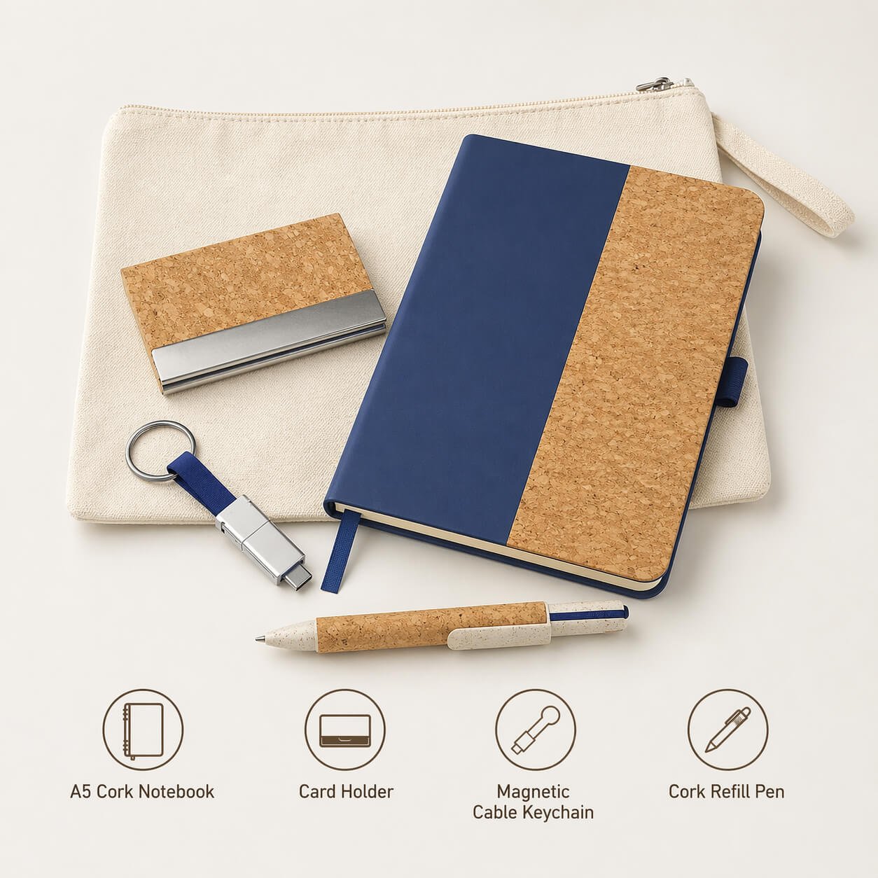 EcoPouch Set of 4: Cork Executive Kit in Multipurpose Canvas Pouch- Blue edition  — corporate gift