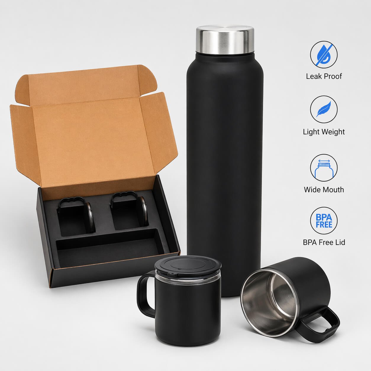 Set of Black Stainless Steel Bottle with 2 Stainless steel cups in Gift box  — corporate gift