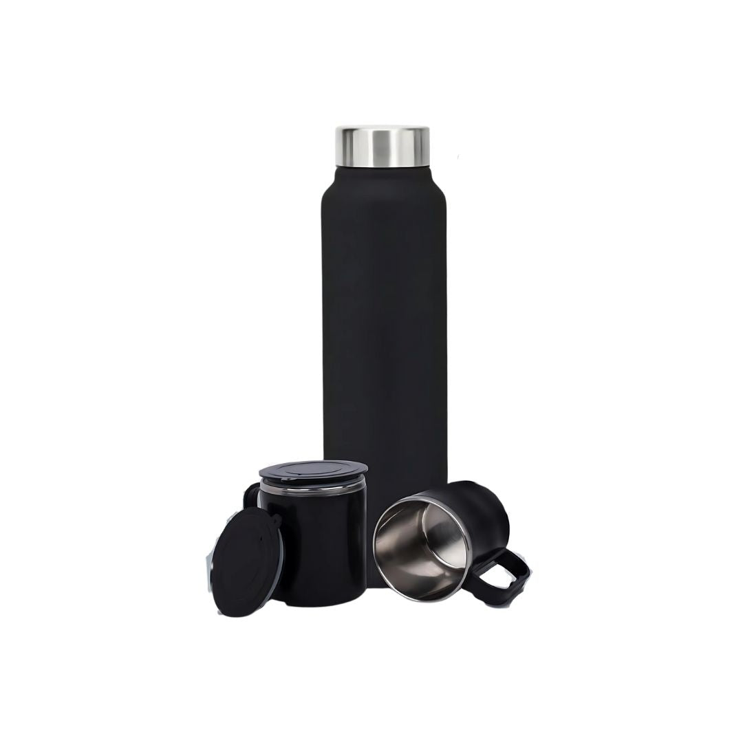 Black stainless steel bottle and cups in premium gift box packaging