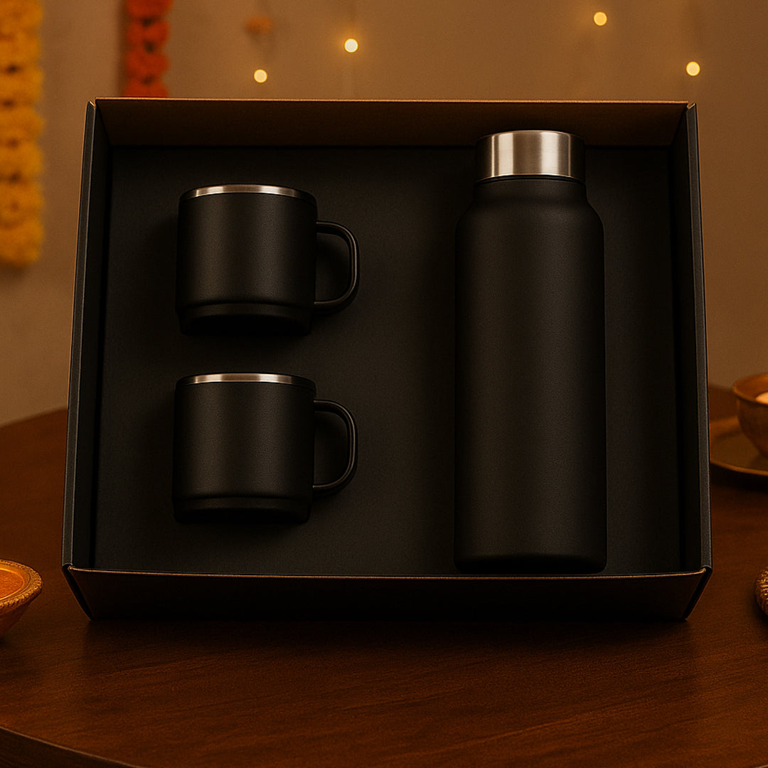 Black stainless steel bottle and cups in premium gift box packaging