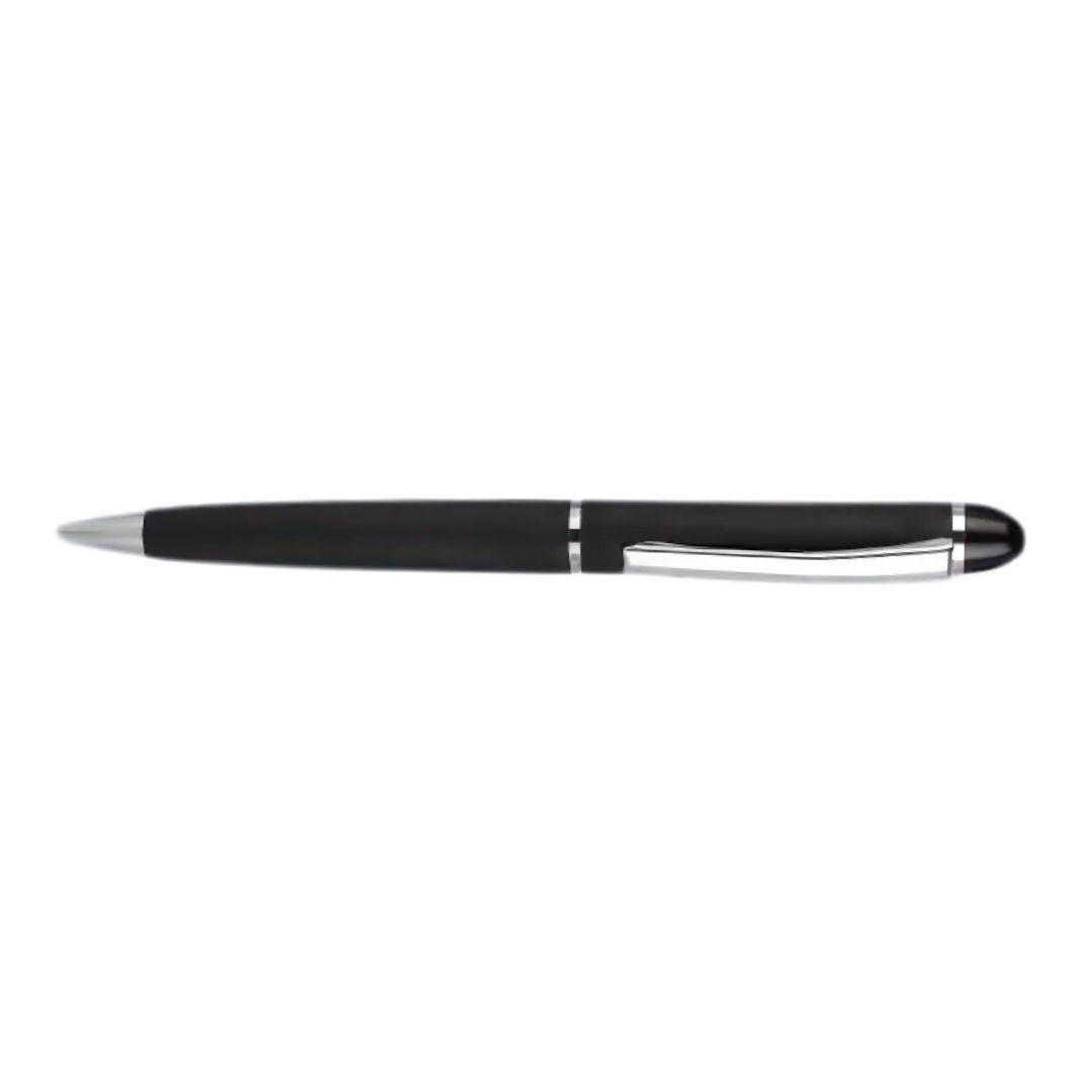 Matte finish black metal pen with smooth refill and silver accents