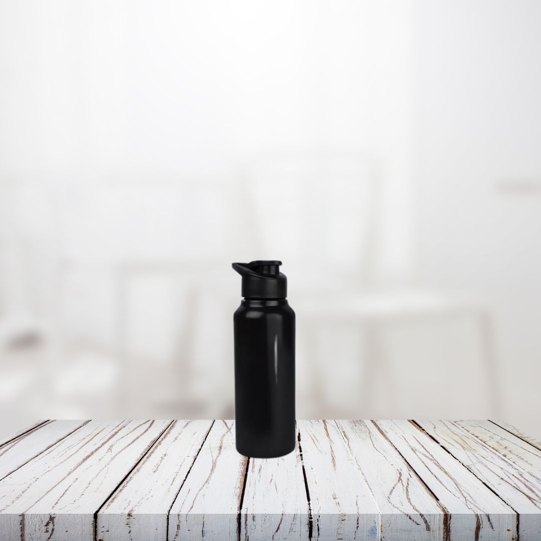 Black stainless steel water bottle with flip top lid – 750ml