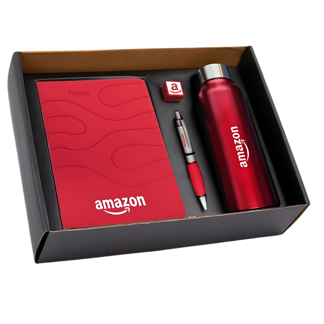 4 in 1 gift set with steel bottle, PU notebook, metal pen, and mobile stand in gift box
