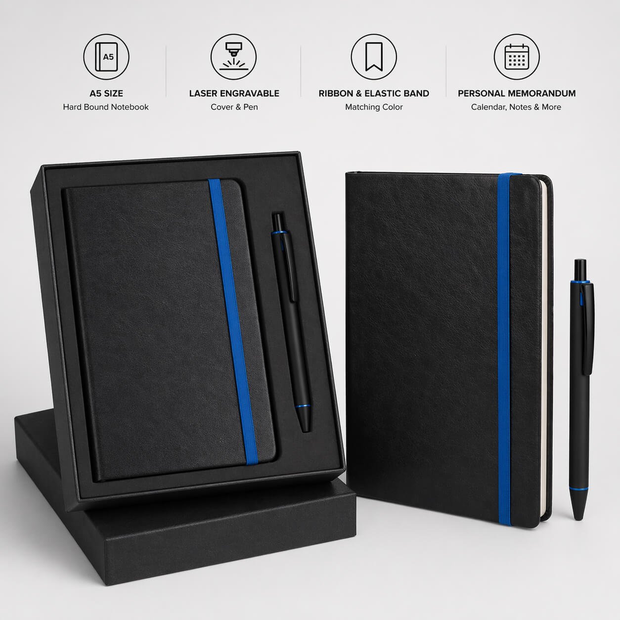 Laser Engrave Color Notebook with Metal Highlight pen Gift set in Premium box Blue — corporate gift