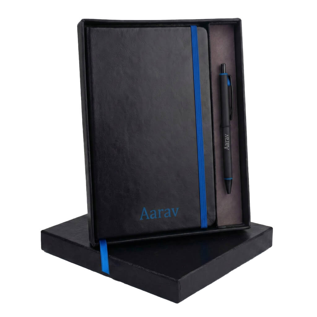 Q90 Blue – Laser Engrave A5 Notebook & Metal Highlight Pen Gift Set (Premium Box)