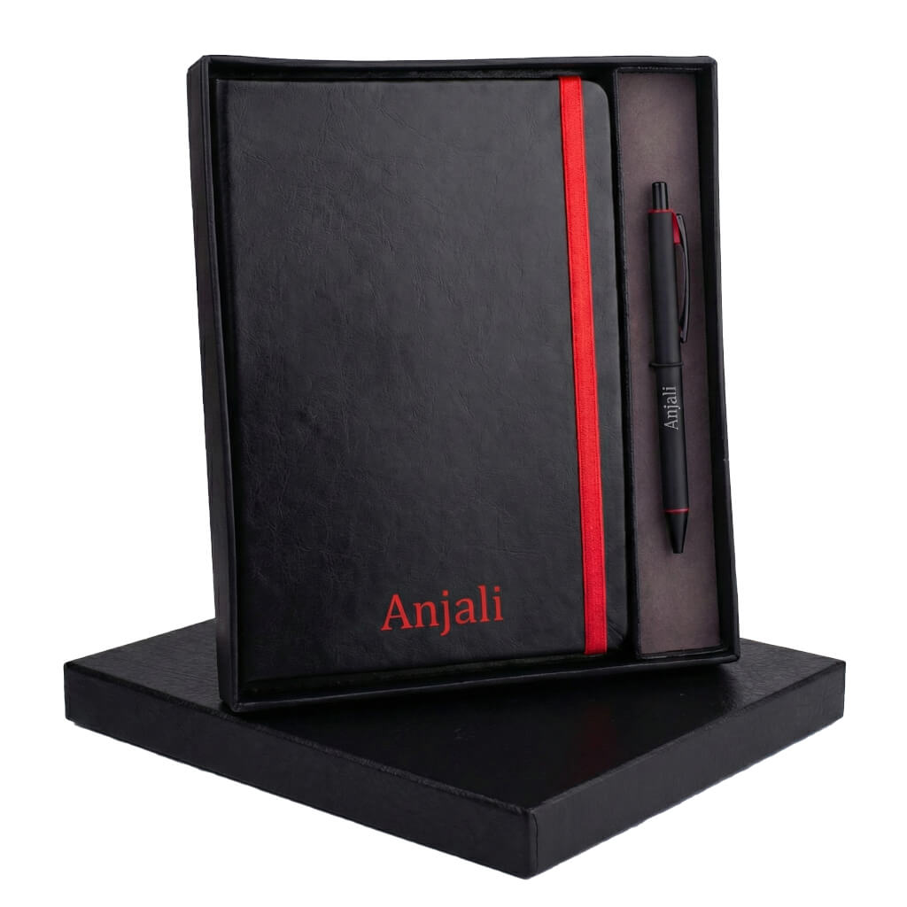 Q90 Red – Laser Engrave A5 Notebook & Metal Highlight Pen Gift Set (Premium Box)