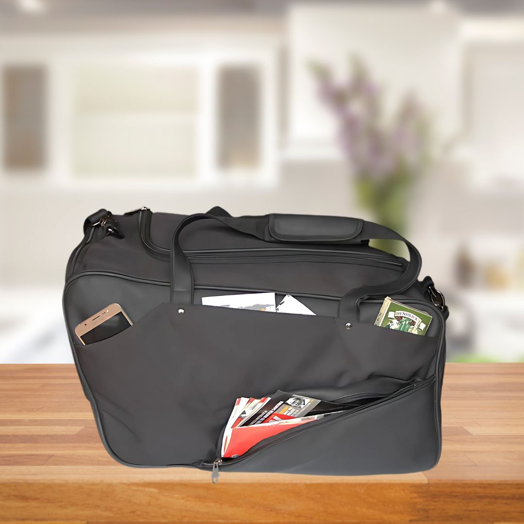 Premium 11-pocket duffel bag side view with organized compartments