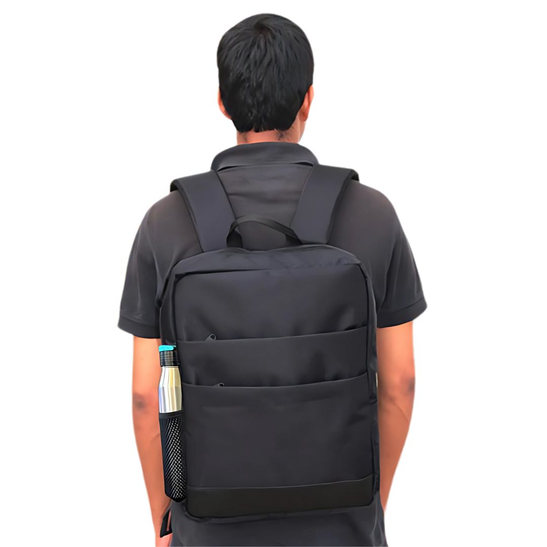 Slimz black backpack worn by model with bottle holder pocket