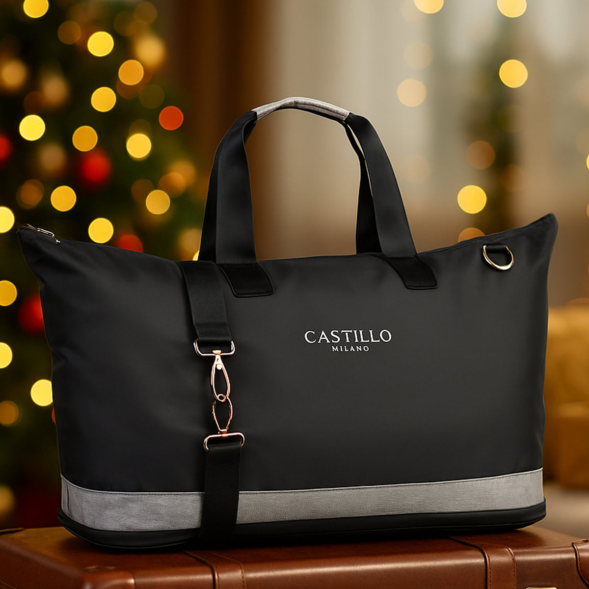 Compact folded view of Castillo Milano travel bag on wooden surface
