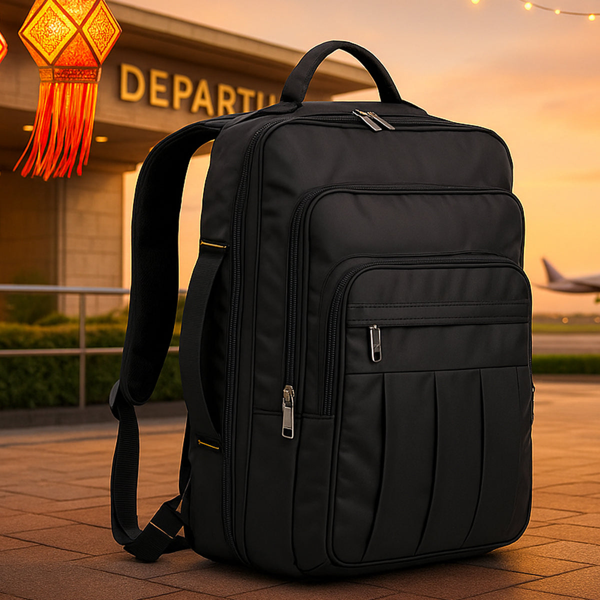 Black overnighter travel bag with front compartments