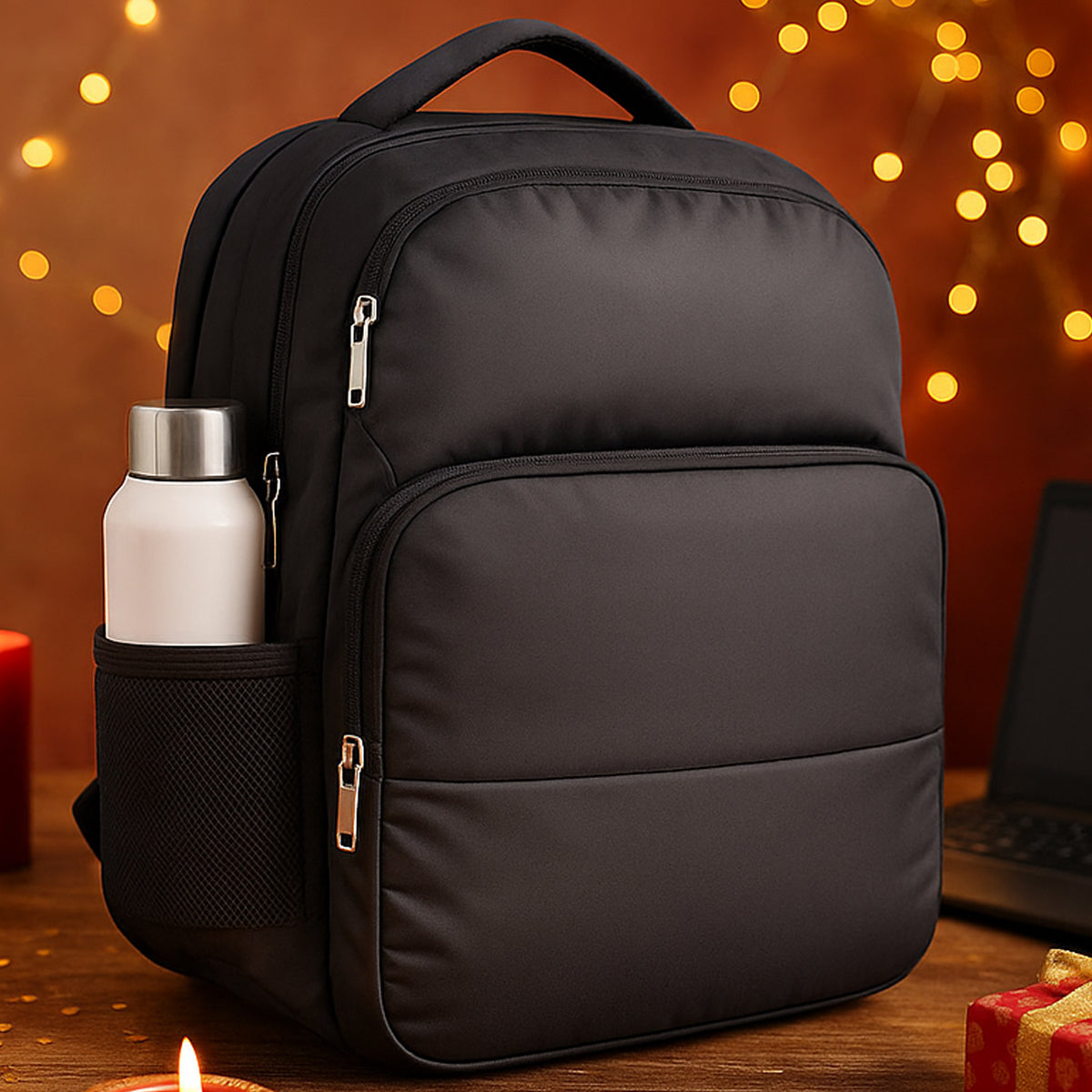 Stylish two-tone Buddy laptop bag with bottle holder, worn on shoulder
