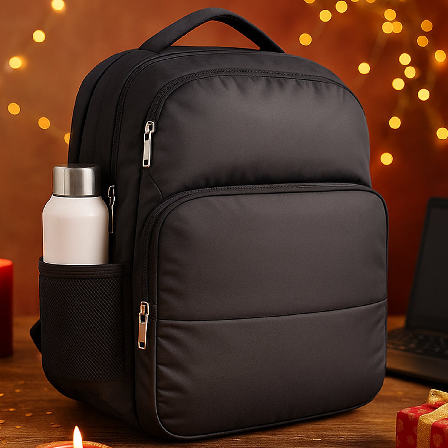 Stylish two-tone Buddy laptop bag with bottle holder, worn on shoulder