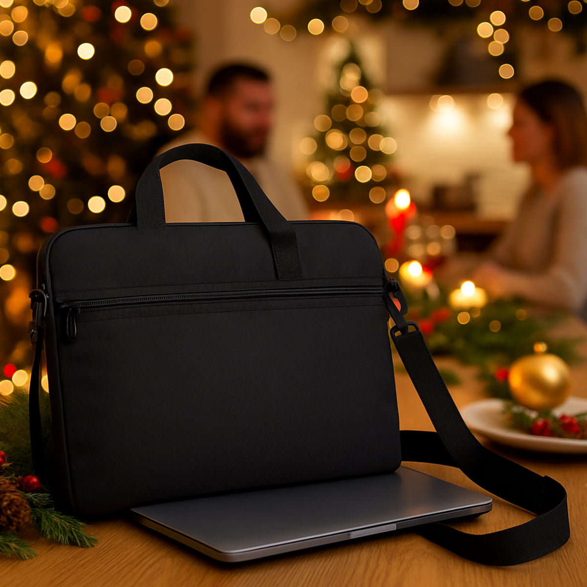 Slim black laptop sleeve holding a 15-inch laptop
