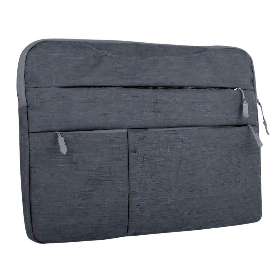 Lifestyle shot of laptop sleeve with laptop on wooden desk