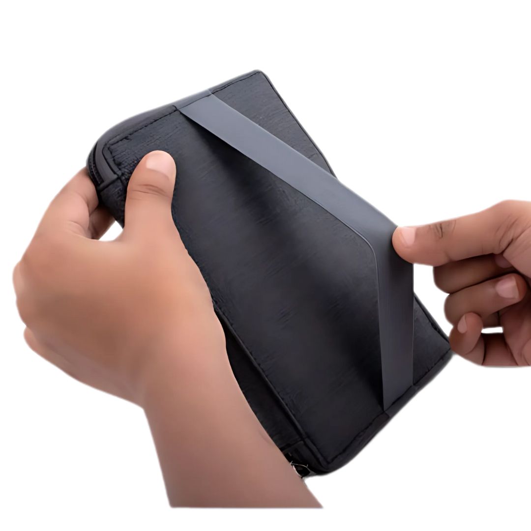 Gray zipper passport holder front view with pocket
