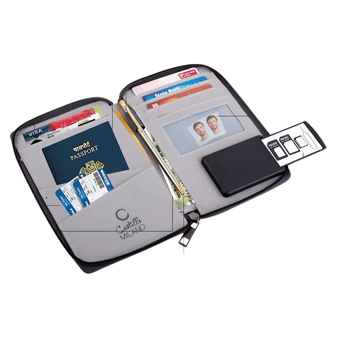Open passport holder with SIM case, cards, and travel documents