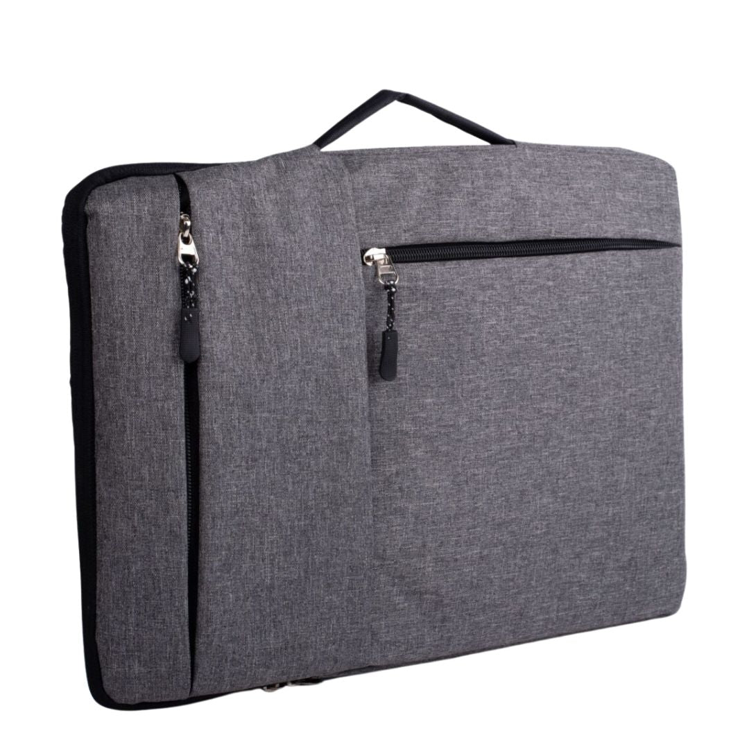 Grey laptop sleeve with accessories and documents in pockets