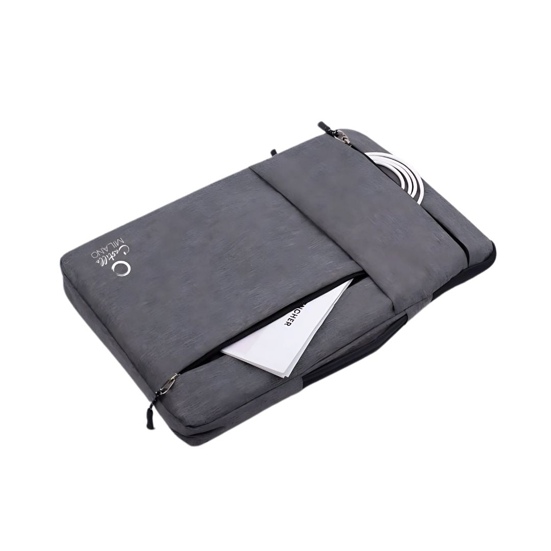 Grey laptop sleeve with accessories and documents in pockets