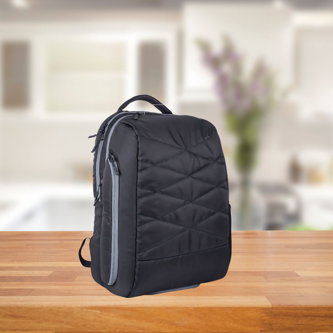 Criss Cross multipurpose backpack in black displayed in lifestyle setting