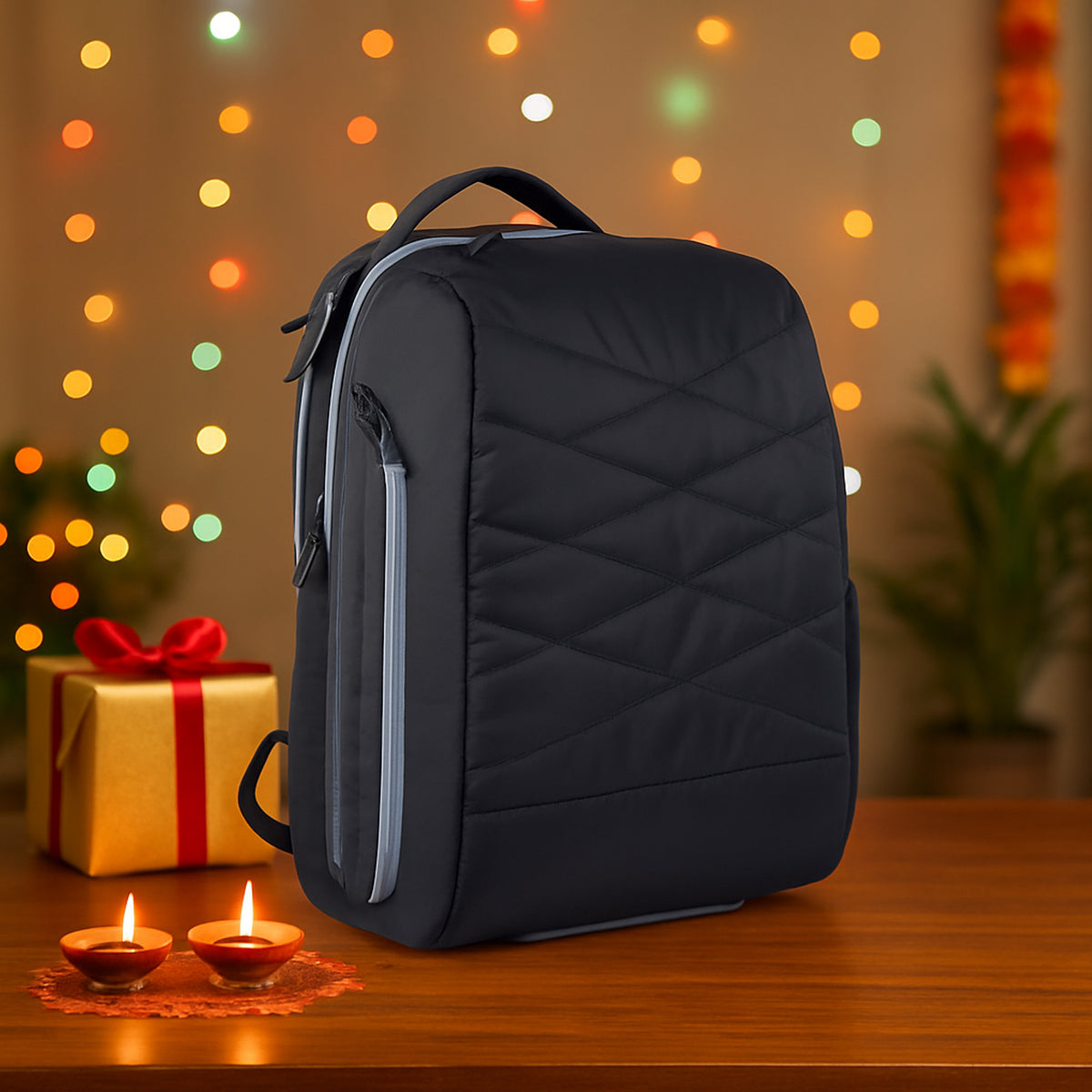 Criss Cross multipurpose backpack in black displayed in lifestyle setting