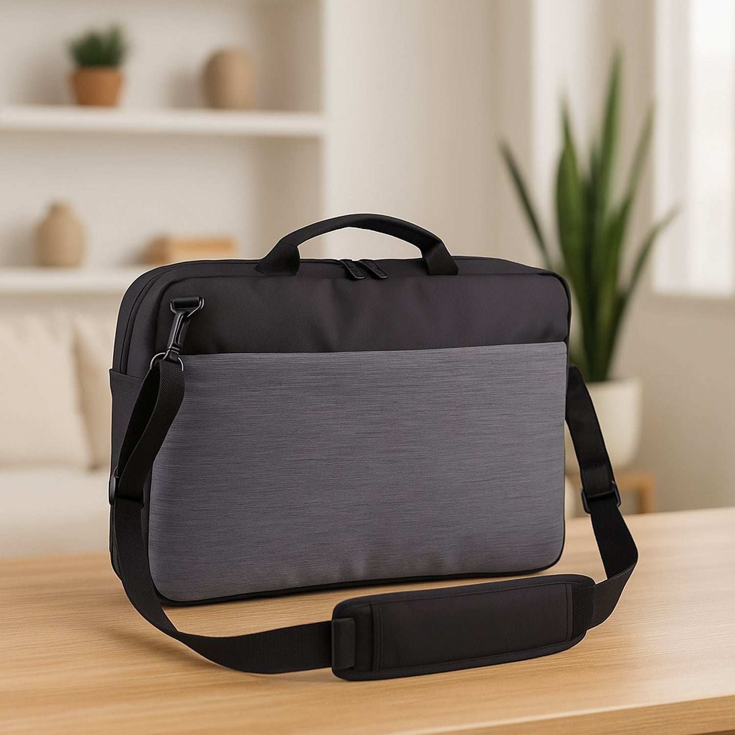 Convertible sling laptop bag shown on table in modern lifestyle setup