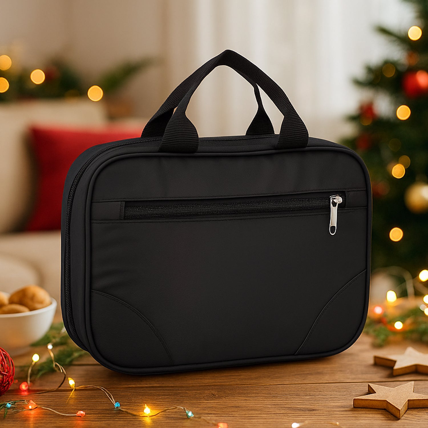 Black 3-layer toiletry kit with handle – lifestyle display on wooden surface