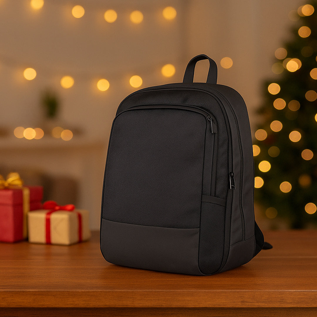 Front view of Castillo Milano expandable laptop backpack with dual front pockets