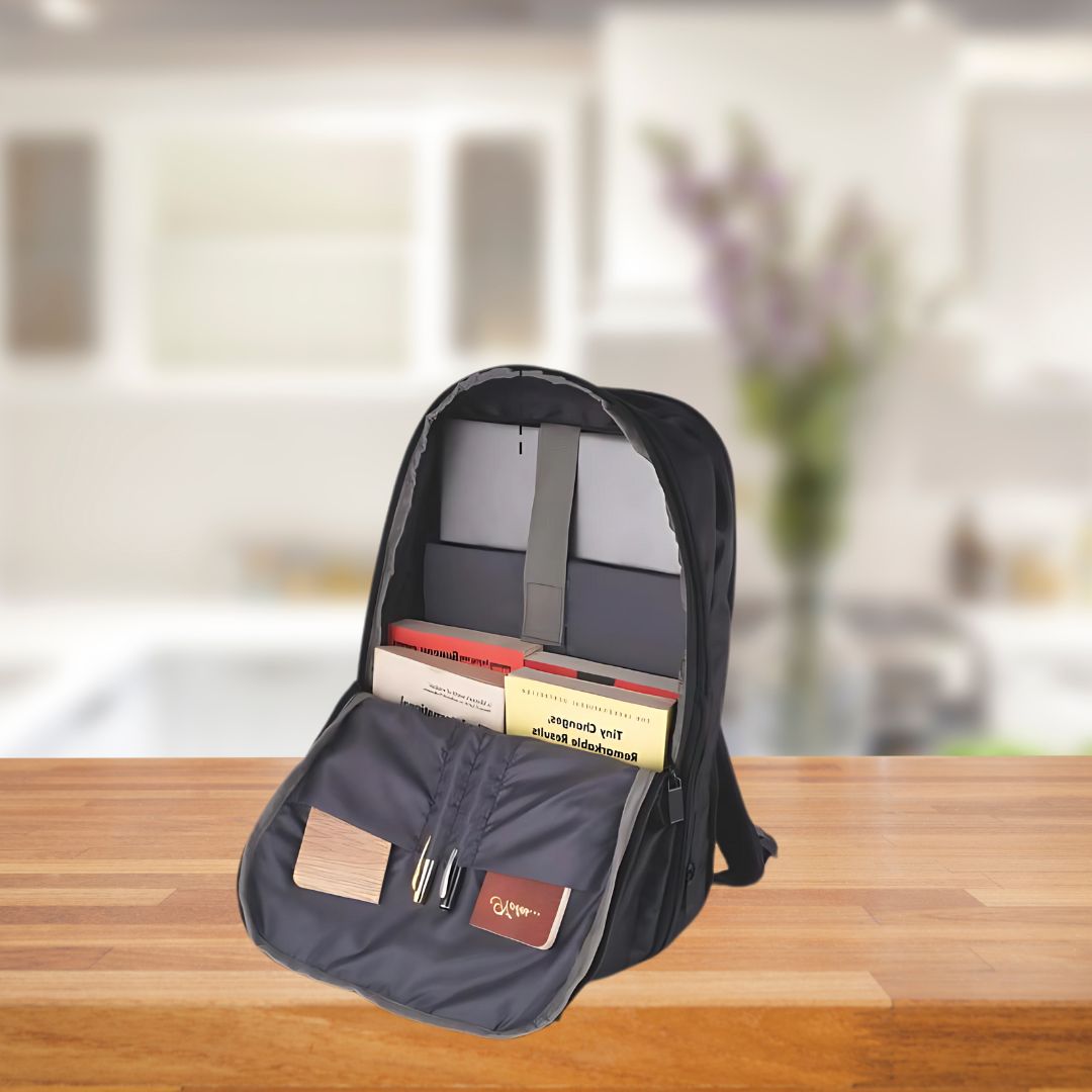 Front view of Castillo Milano expandable laptop backpack with dual front pockets