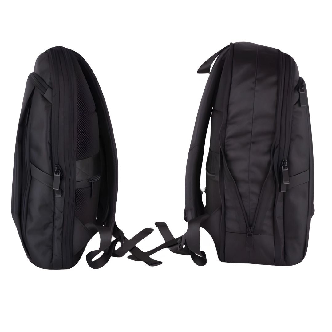 Side view of Castillo Milano expandable laptop backpack in dual tone black
