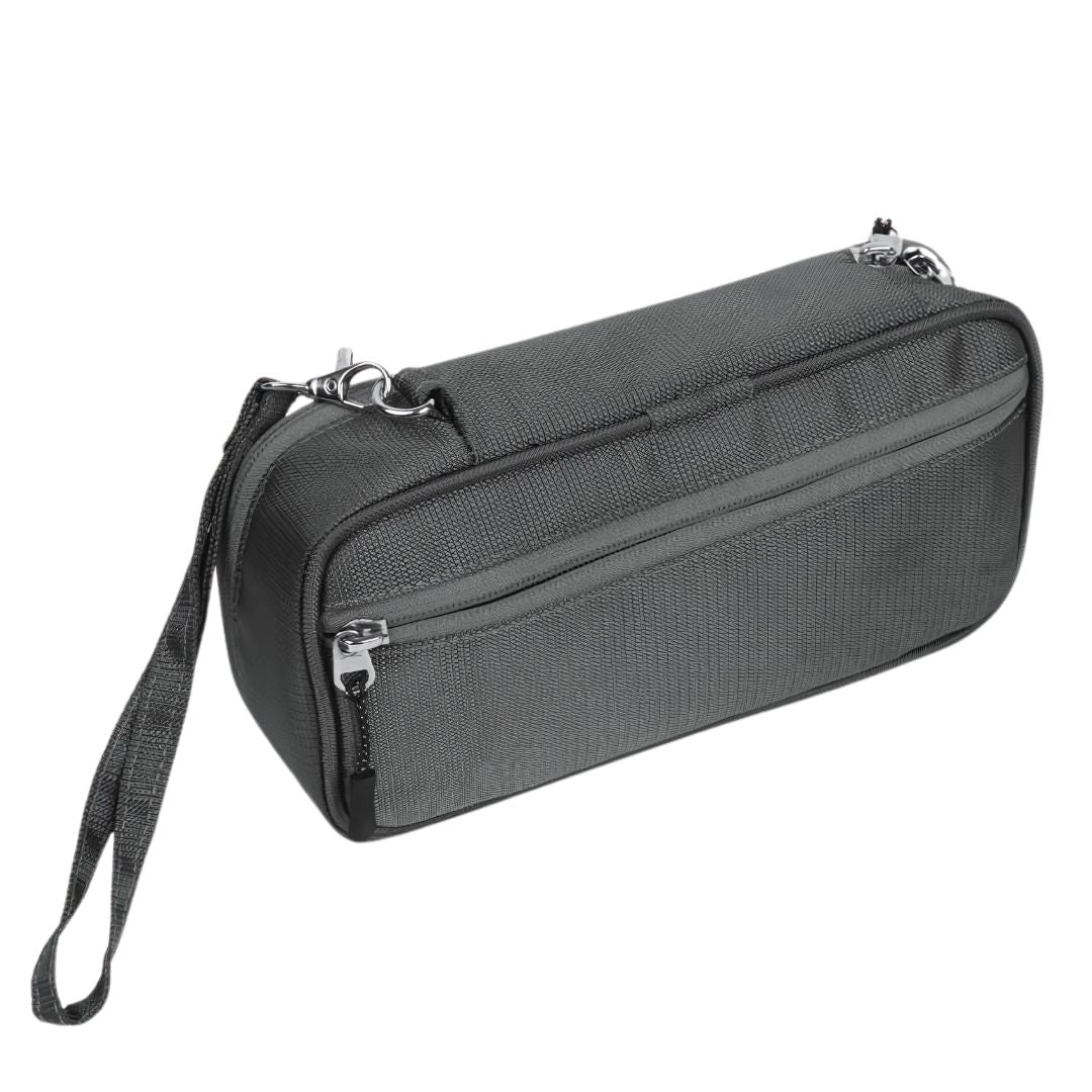 Handy tech gadget organizer with front pocket and carry strap