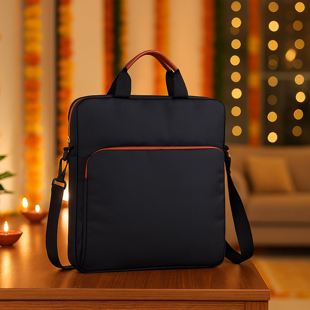 Laptop sling bag front pocket with books and accessories neatly organized