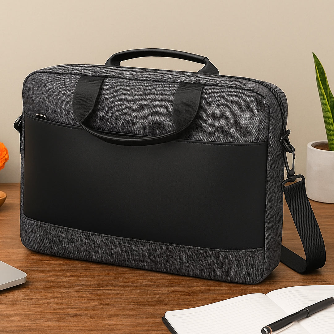 Graphite elegant laptop bag front view with sleek design