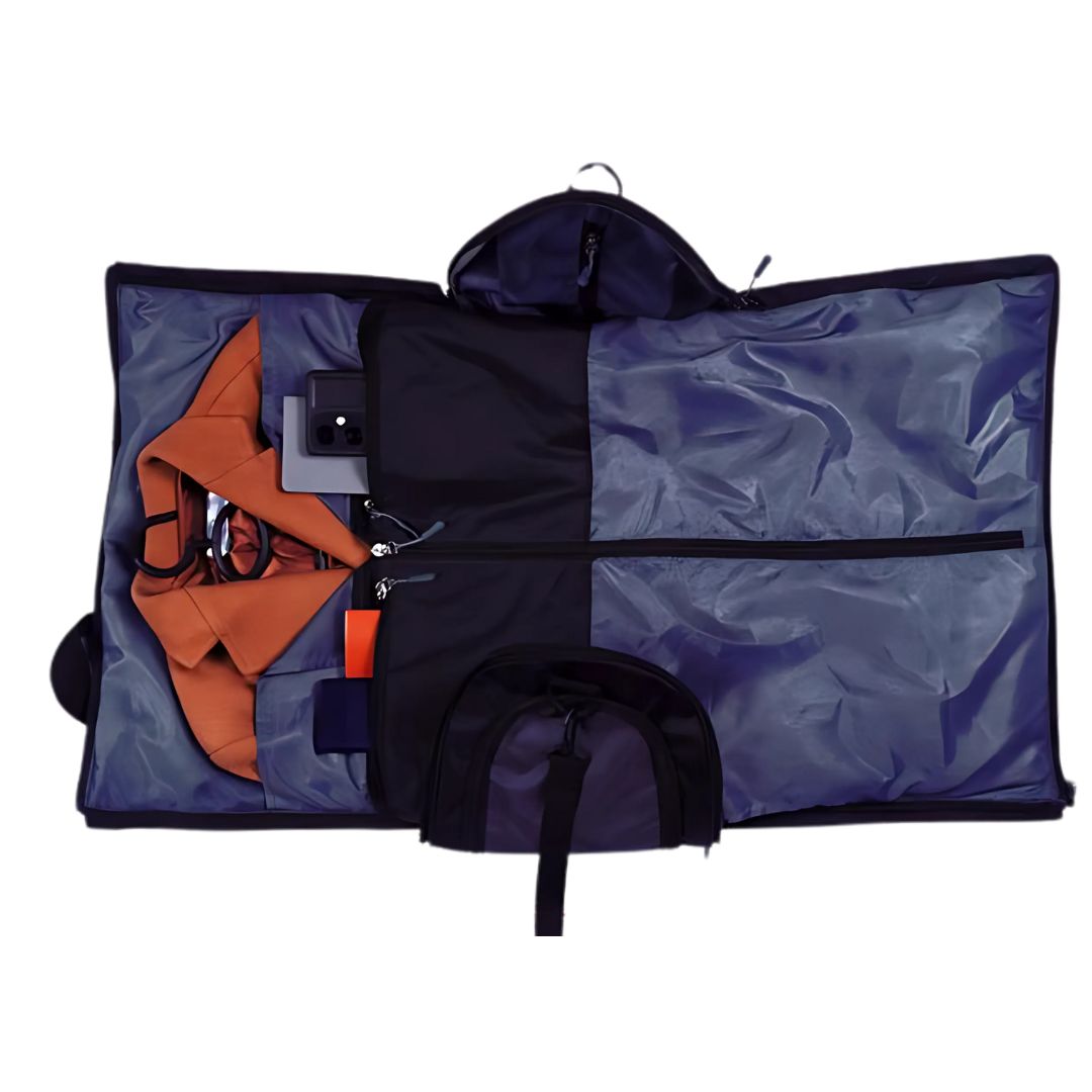 William travel duffel bag with garment cover fully open, showing compartments