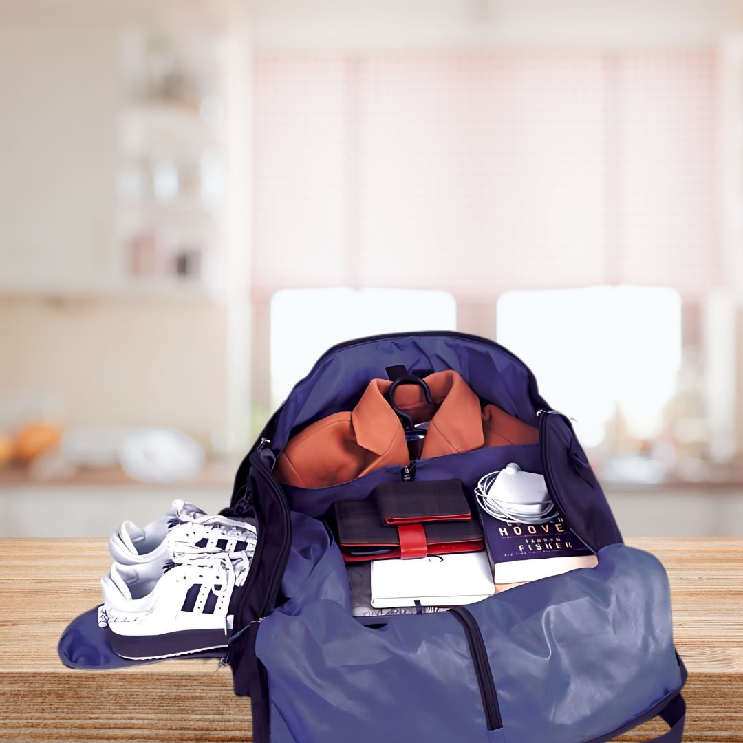 William travel duffel bag with garment cover, side view with sleek design