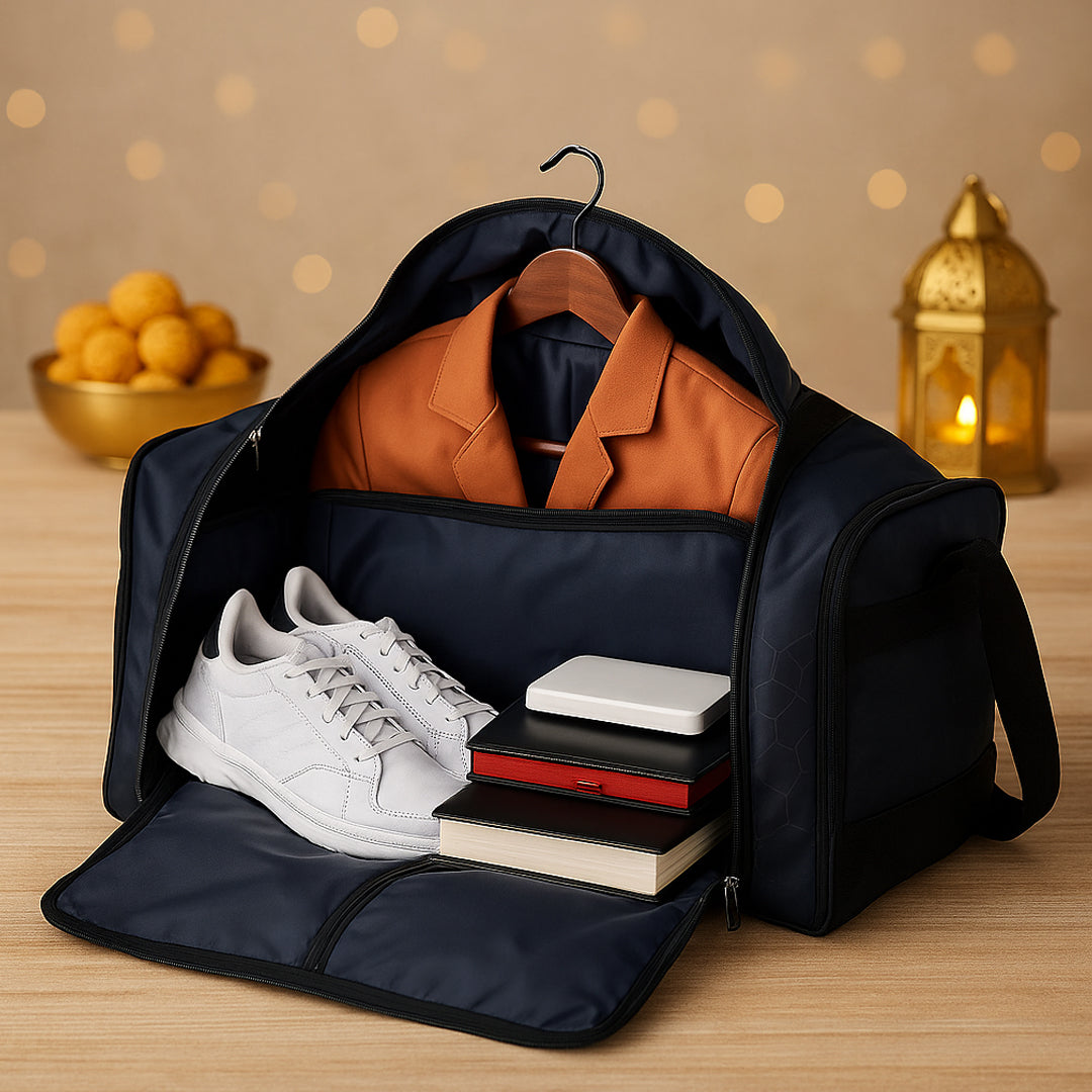 William travel duffel bag with garment cover, storage compartments with accessories