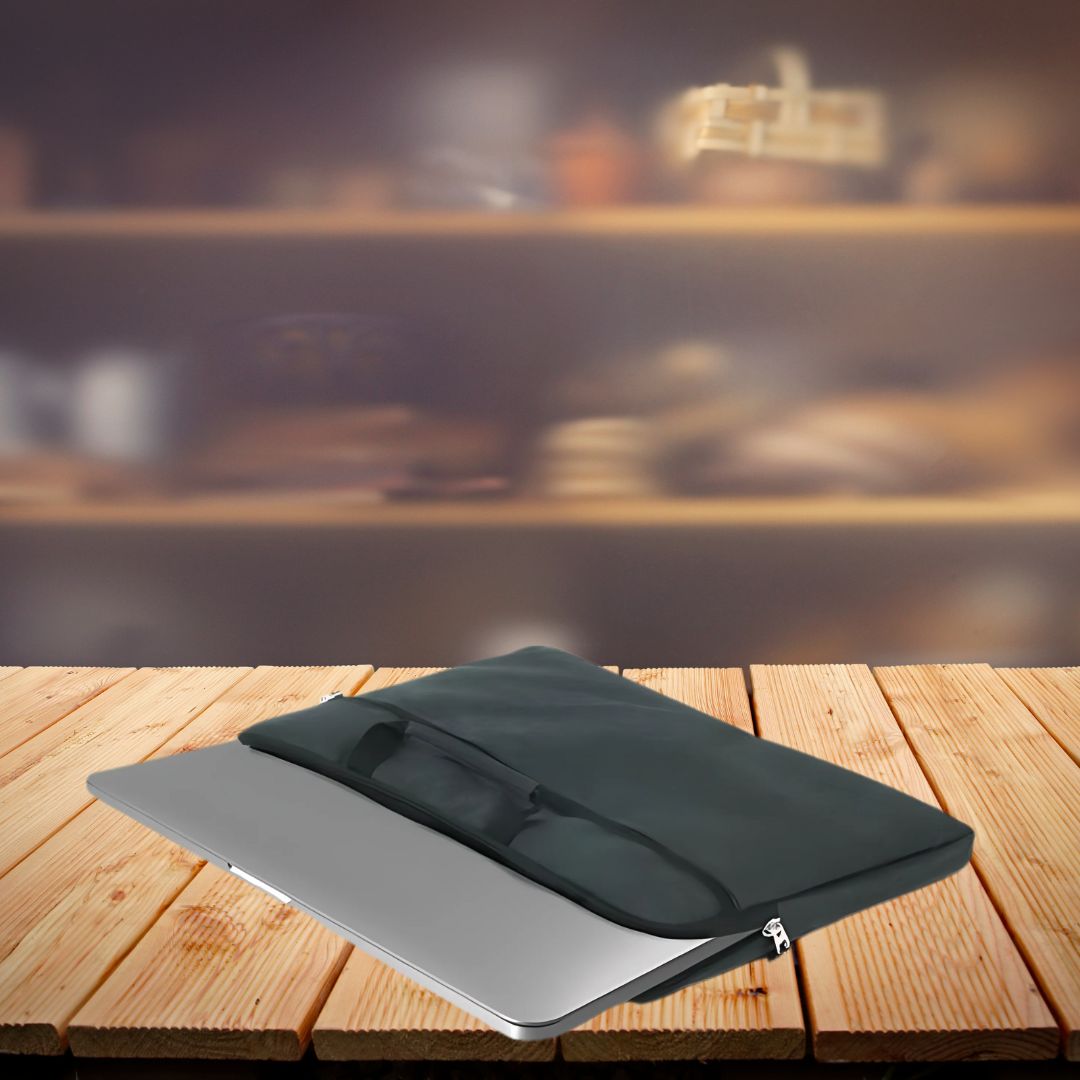Front view of black laptop sleeve with zipper pocket