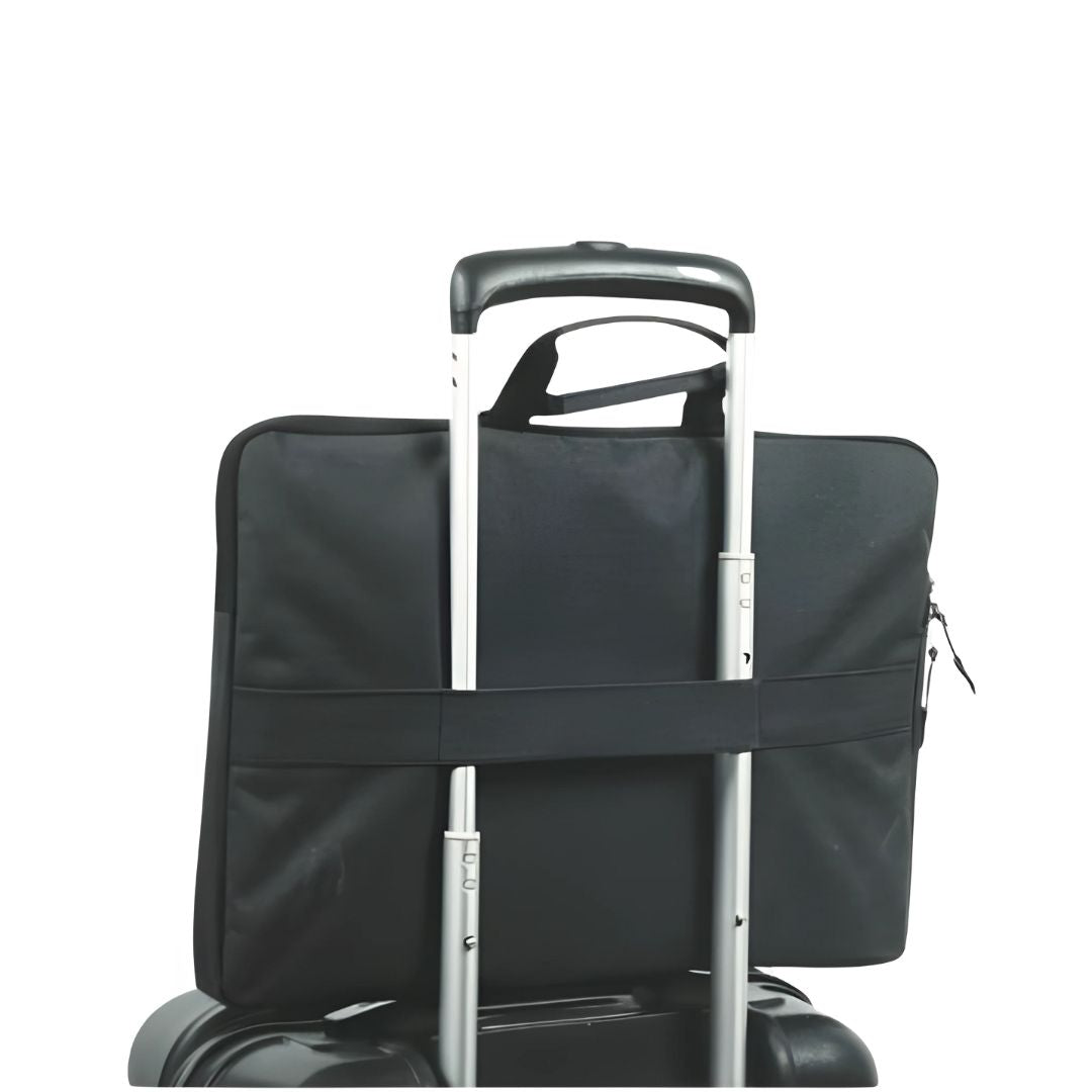 Black laptop sleeve with stroller strap attached to trolley