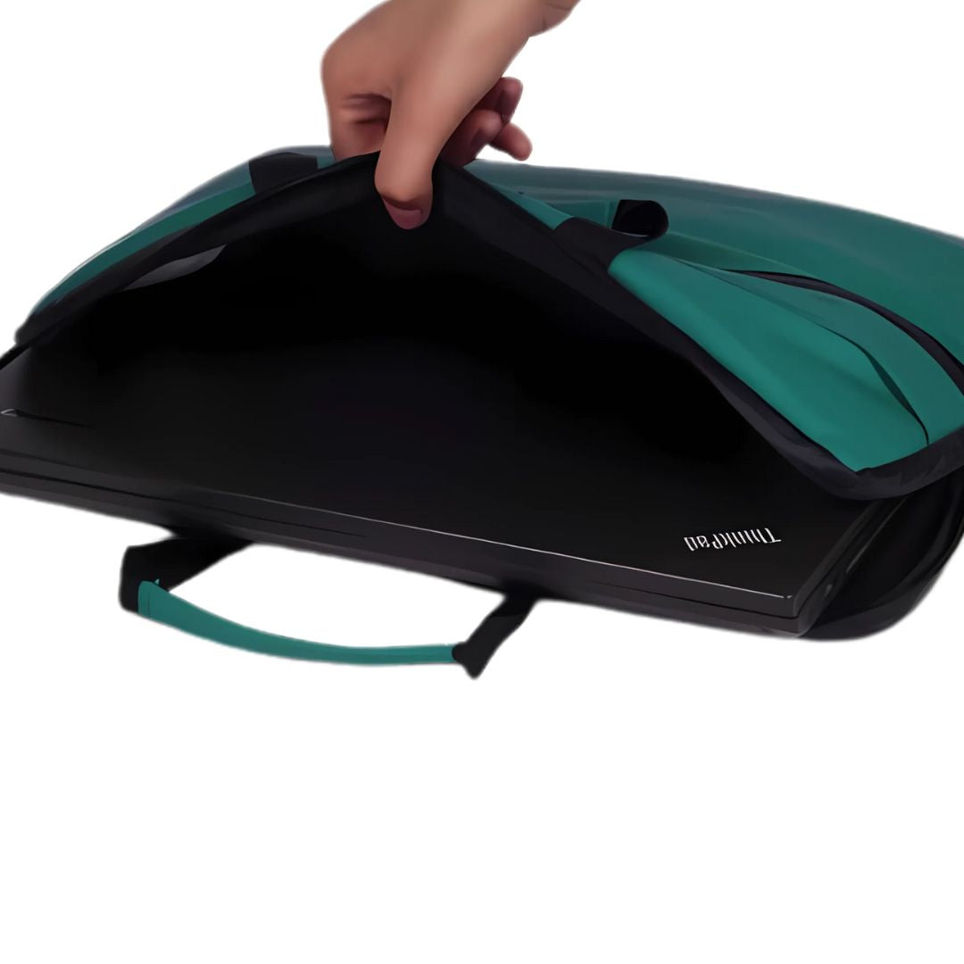 Teal water resistant laptop sleeve with laptop inside, soft lining