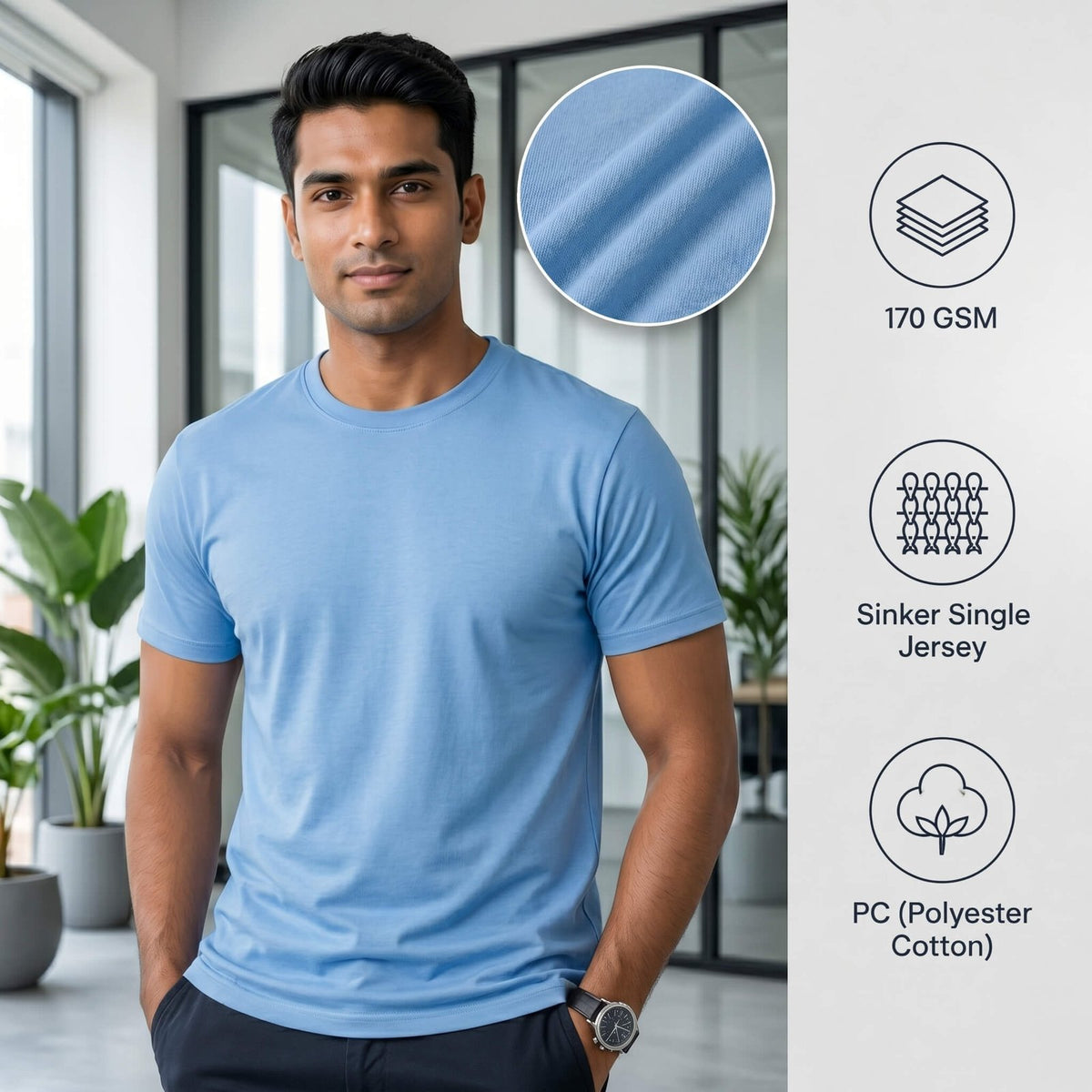 Sports Sky Blue round-neck T-shirt for corporate gifting