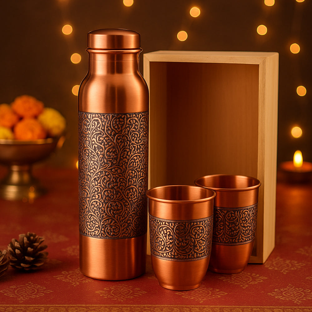 Premium copper bottle and glass gift set for festive gifting – handcrafted drinkware from YuBingo