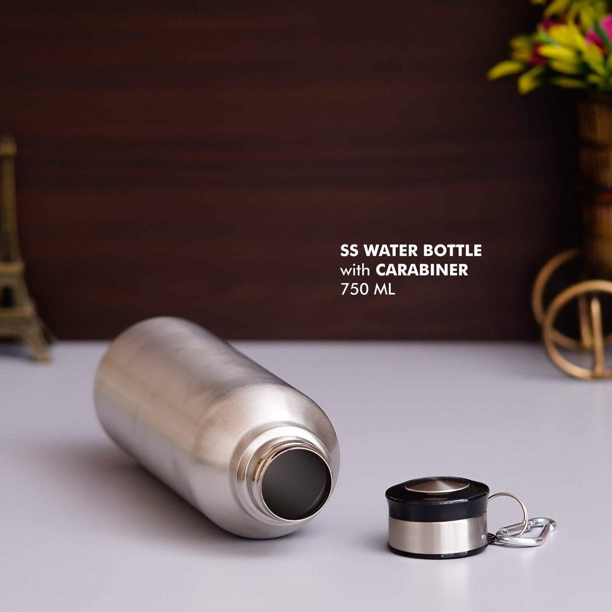 Customizable Silver Stainless Steel Bottle with Carabiner - 750 ML