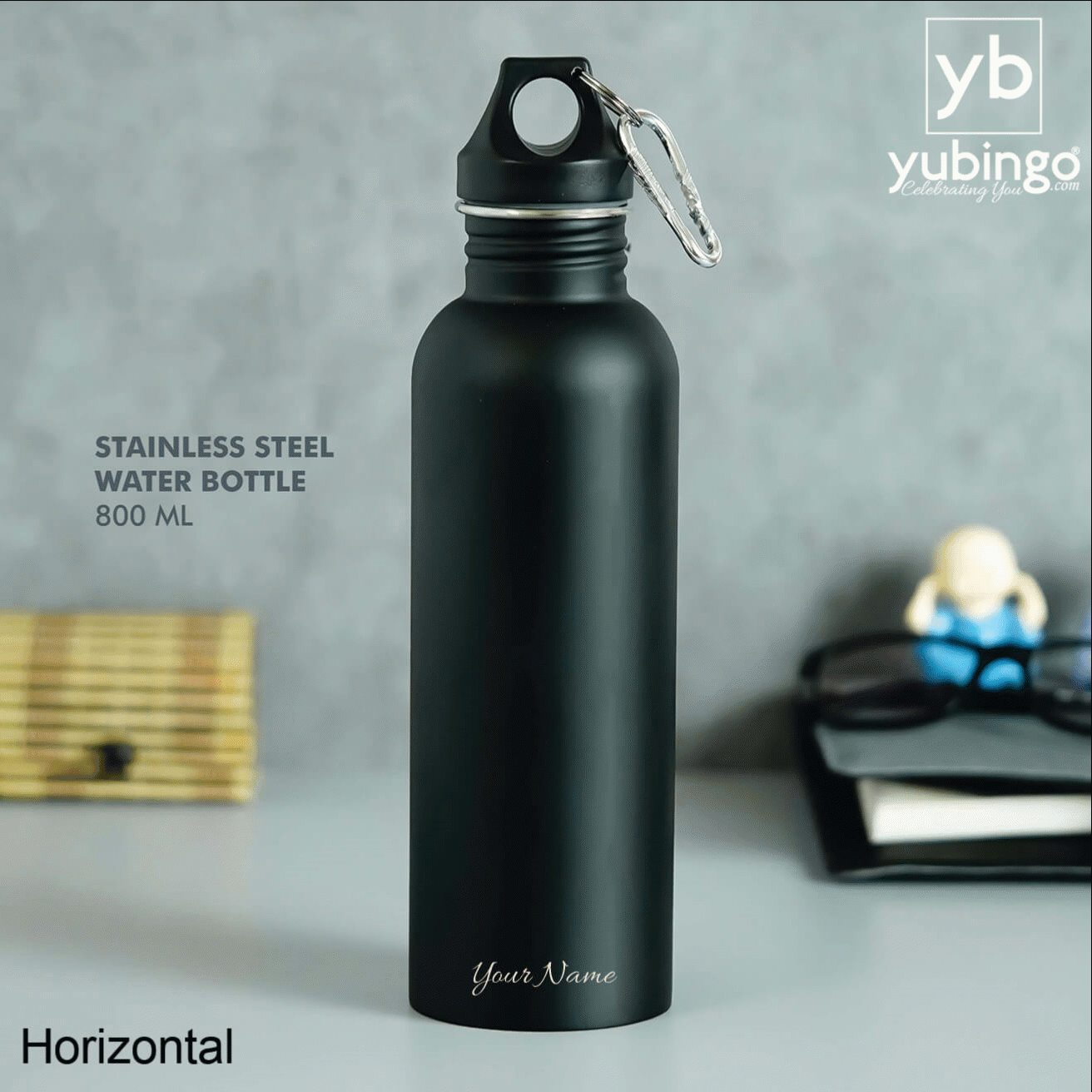 Customizable Black Stainless Steel Bottle with Carabiner - Ideal for Outdoor Adventures