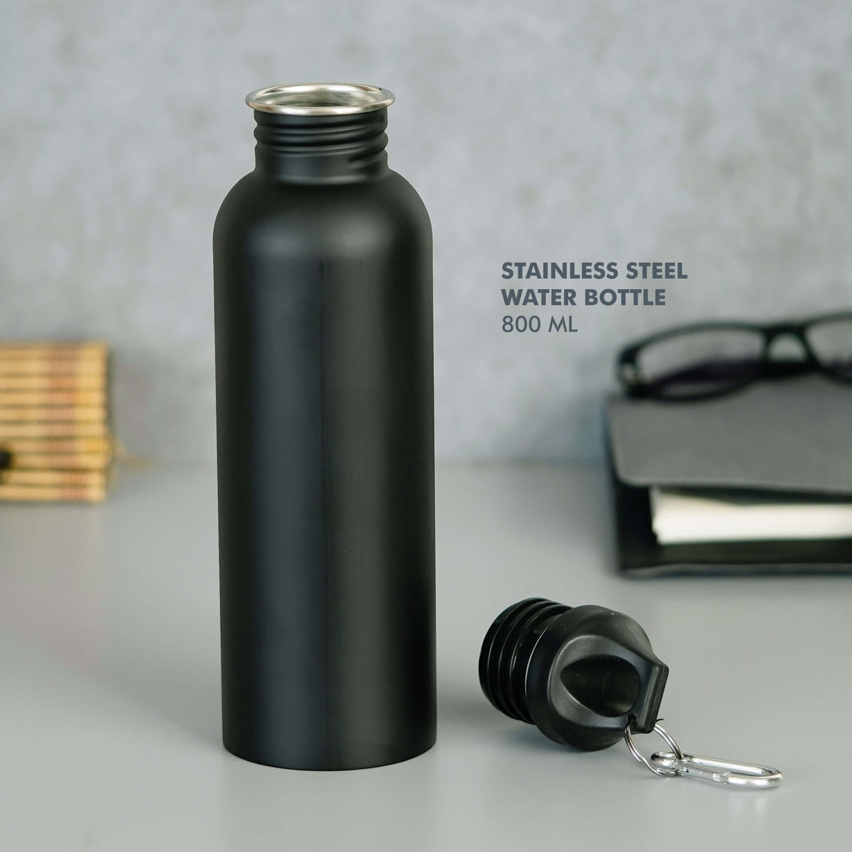 Customizable Black Stainless Steel Bottle with Carabiner - 800 ML