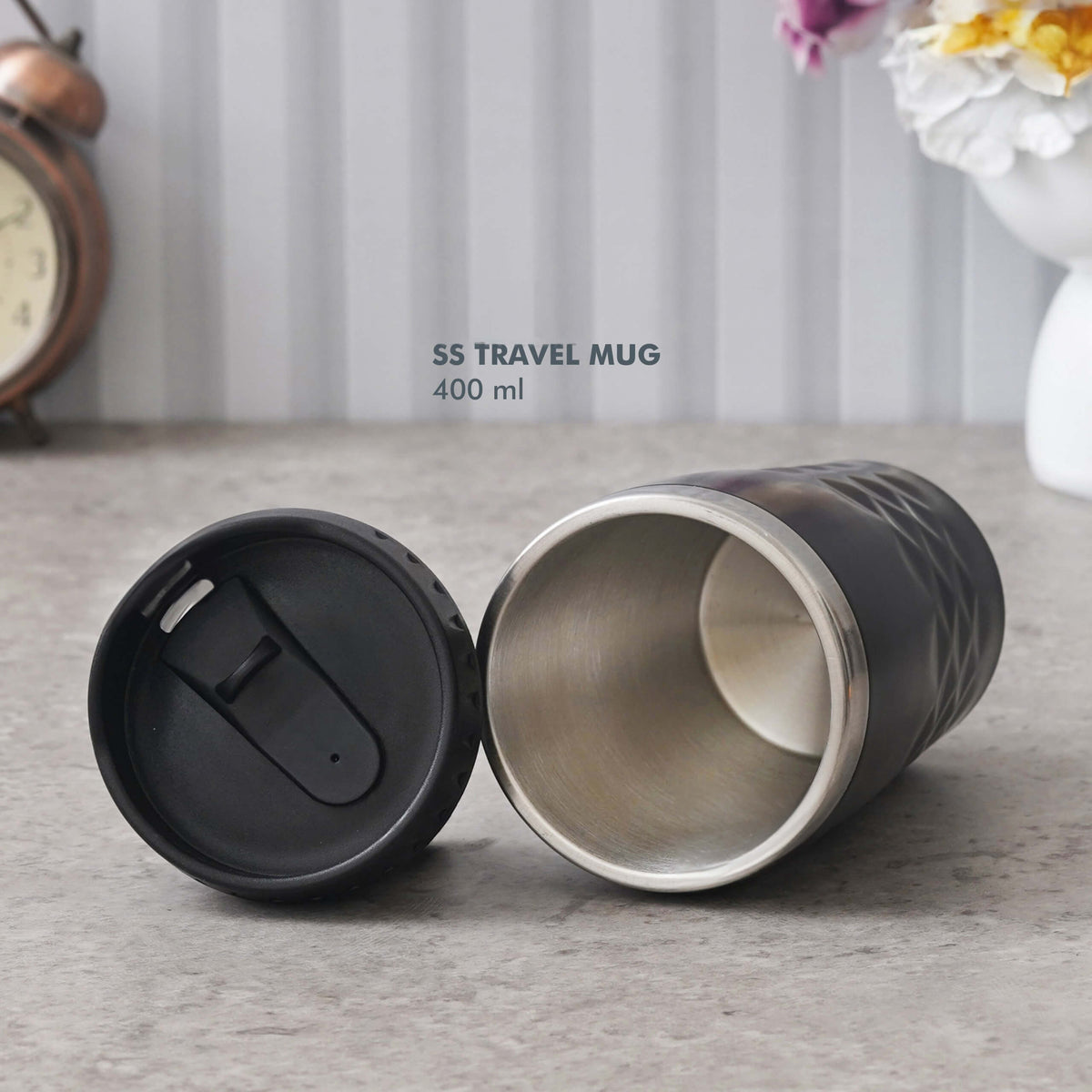 Sleek Black Stainless Steel Travel Mug with Slider Lid - 400 ML