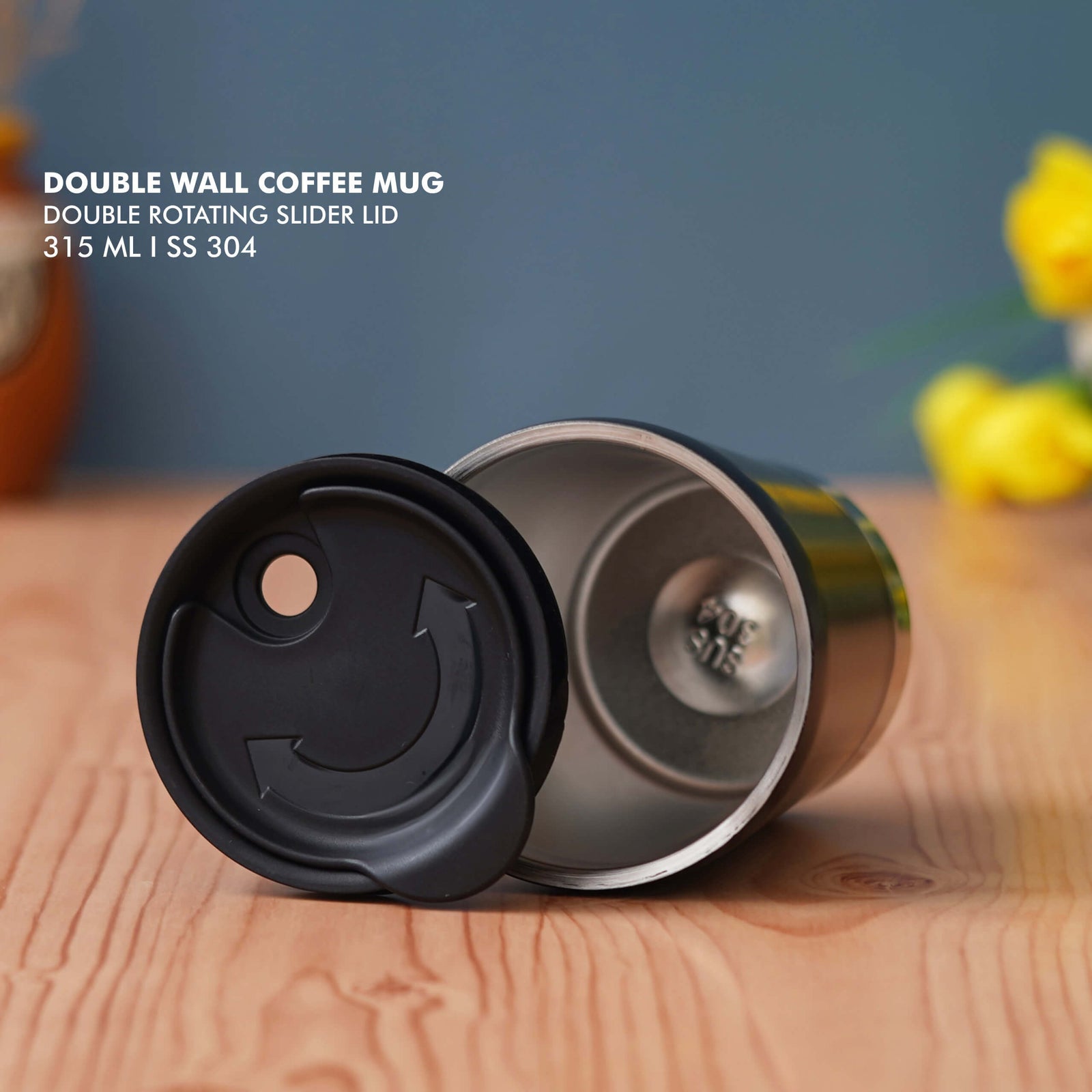 Sleek Black Stainless Steel Mug with Double Rotating Slider Lid - Perfect for Daily Use