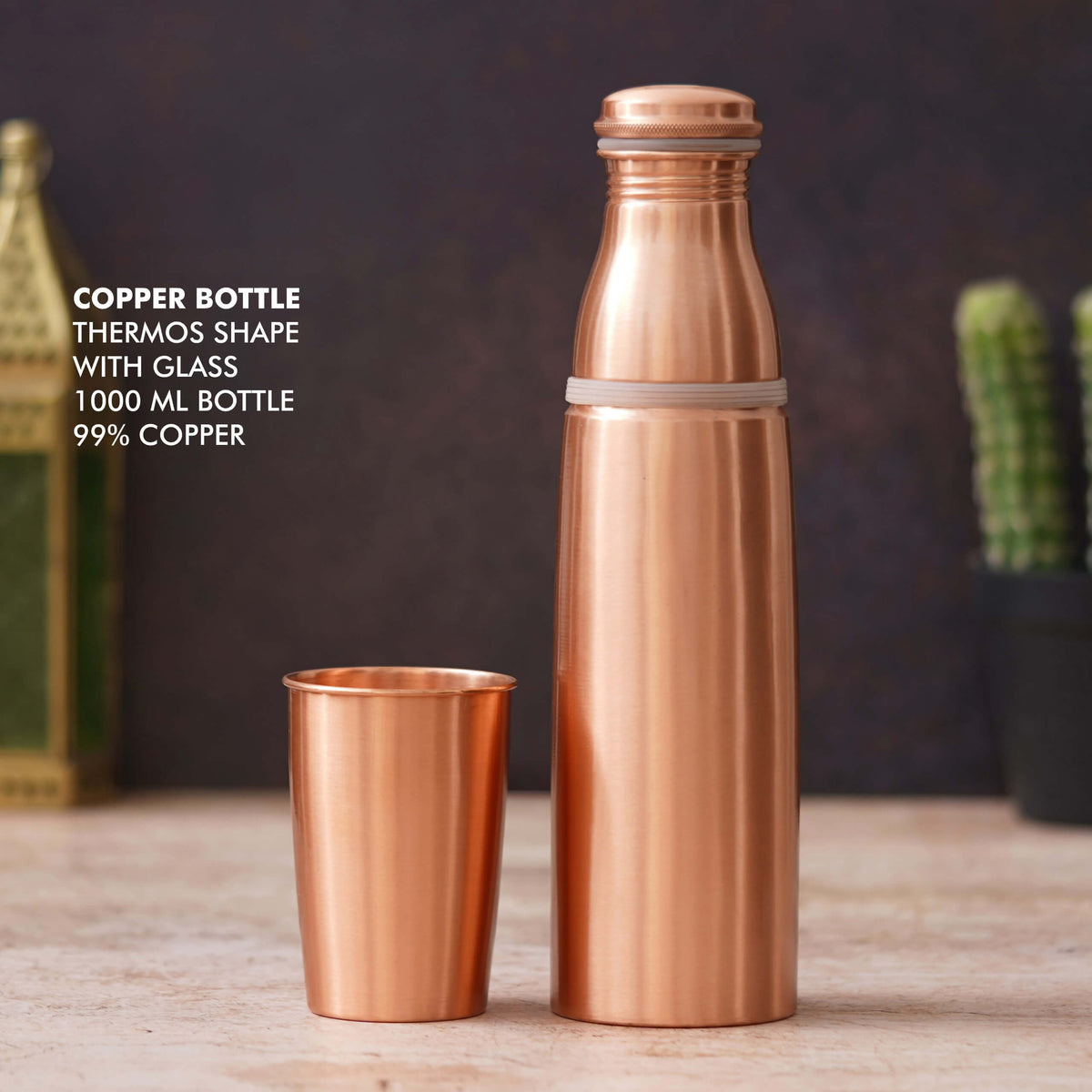 Premium Thermos Shape Copper Bottle with Glass - Hydrate in Ultimate Style