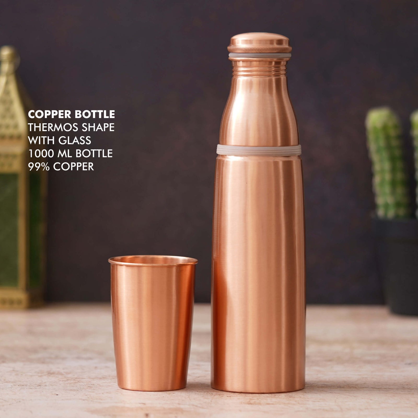 Premium Thermos Shape Copper Bottle with Glass - Perfect for Daily Hydration