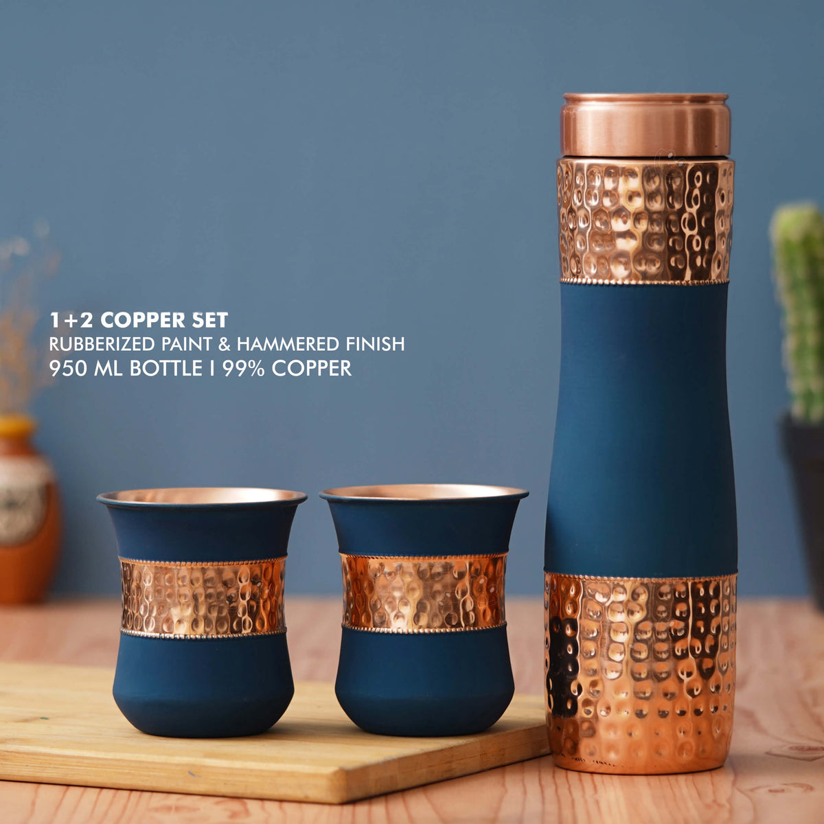 Blue Plain Hammered Rubberized Finish Copper Bottle with 2 Glasses - Perfect Gift Set