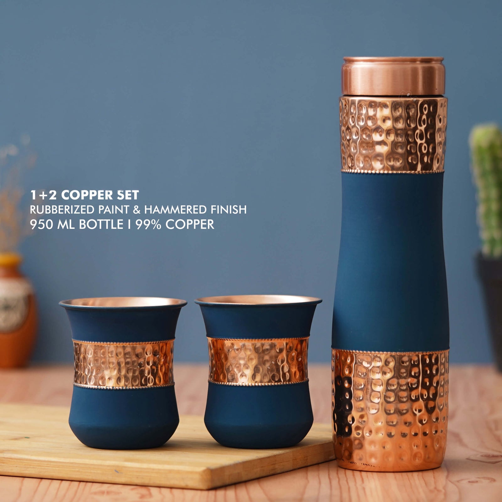 Blue Plain Hammered Rubberized Finish Copper Bottle Gift Set - Perfect for Gifting